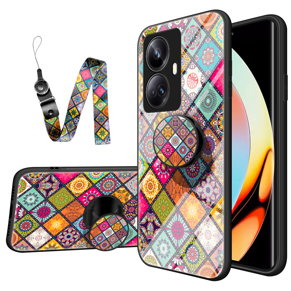 For Realme 10 Pro 5G Flower Pattern Phone Case Kickstand PC TPU Tempered Glass Scratch-resistant Back Cover with Lanyard For Realme 10 Pro 5G Flower Pattern Phone Case Kickstand PC TPU Tempered Glass Scratch-resistant Back Cover with Lanyard